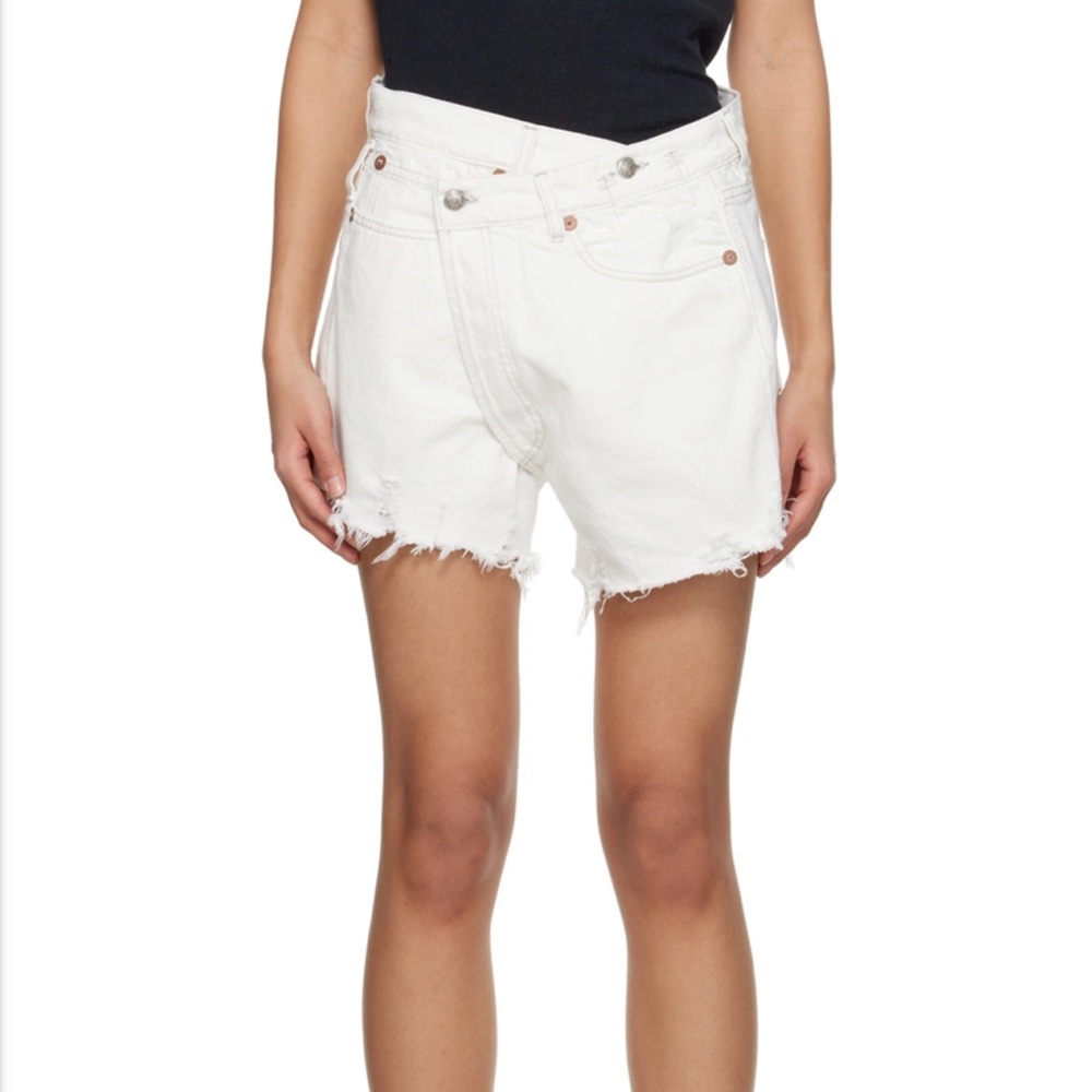 R13 Crossover White High-Waist Frayed Denim Shorts
